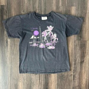 Vtg 80's Florida T-Shirt Striped Single Stitch Gray Purple Ocean Beach Scene XL